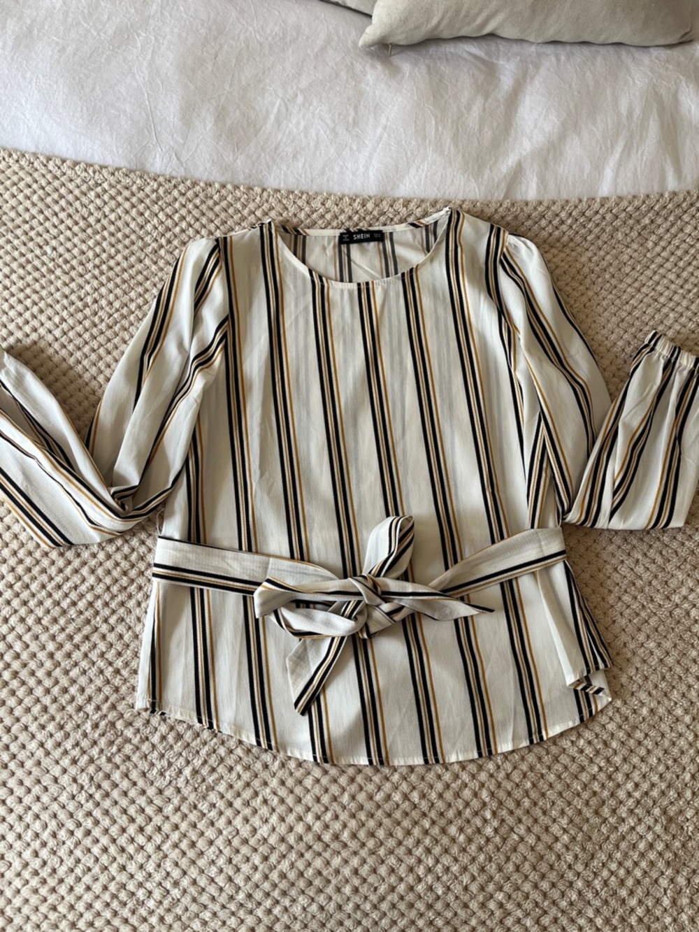 SHEIN Cream Striped Tie-Waist Blouse with Black & Tan Stripes